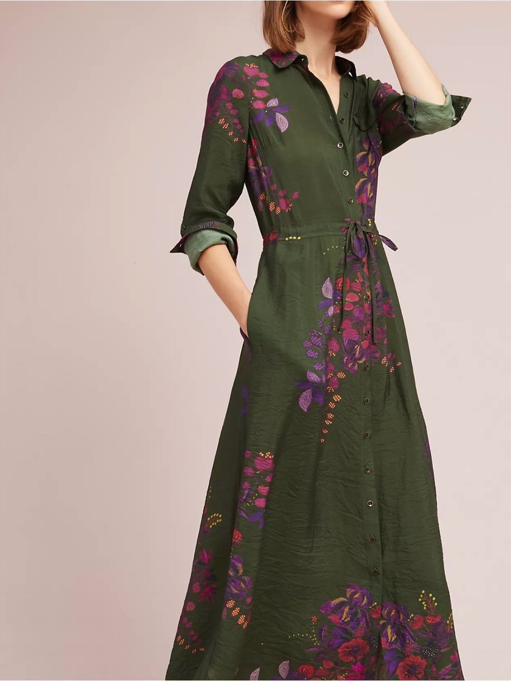 Anthropologie Women's Olive Green Floral Button-Front Maxi Dress